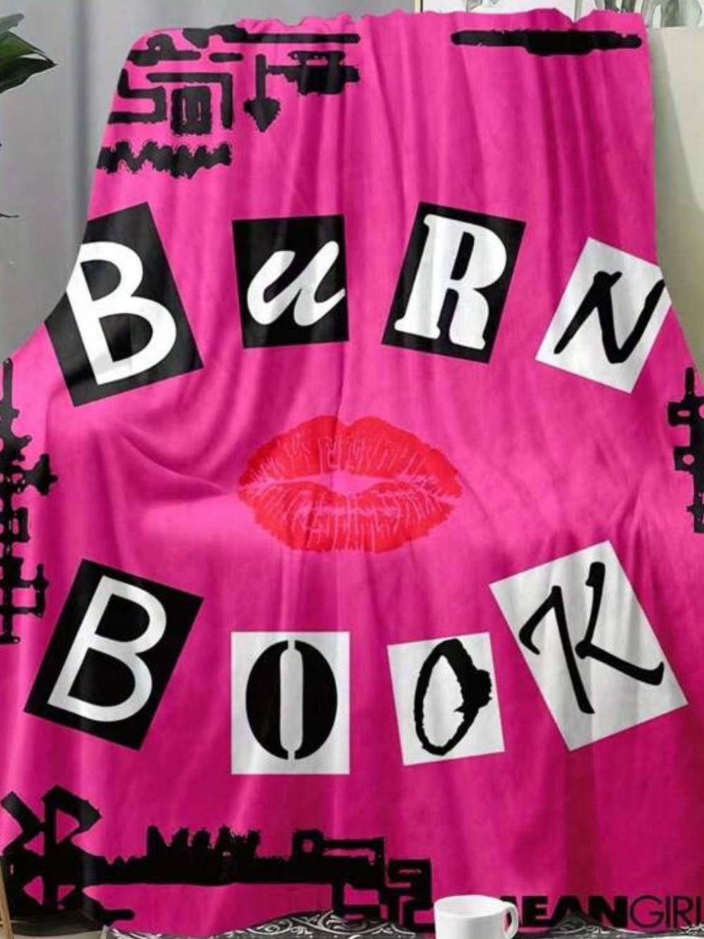 Macy's Bright Pink "Burn Book" Graphic Throw Blanket with Red Lip Print